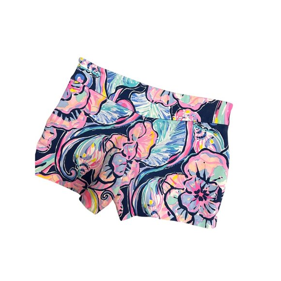 Lilly Pulitzer 4” Makenna Blue Pink Floral Stretchy Beach Shorts 0 Ponte - Picture 2 of 4